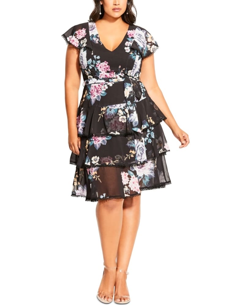 Front of a model wearing a size 20W City Chic Women's Trendy Plus Summer Blooms Dress Black Size 20W in Black by City Chic. | dia_product_style_image_id:312652